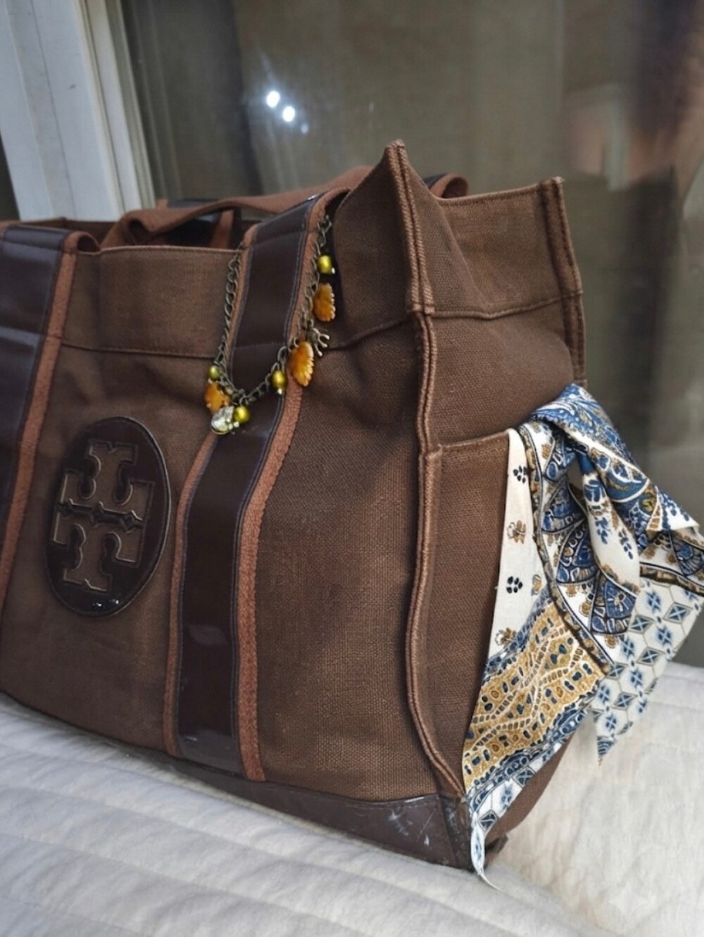 Tory Burch Brown Canvas and Patent Leather Tote - Picture 3 of 11